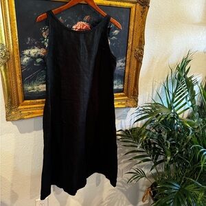 Eileen Fisher Black 100% Linen Scoop Neck Sleeveless Midi Dress Pockets Size M